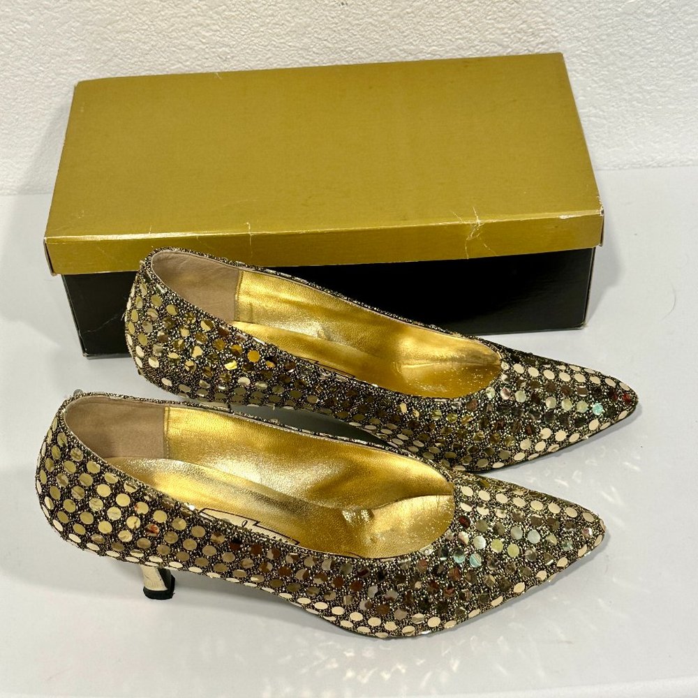 Vintage 70s Marquise Heels Black with Gold Sequins Formal Pumps Womens Size 9 M